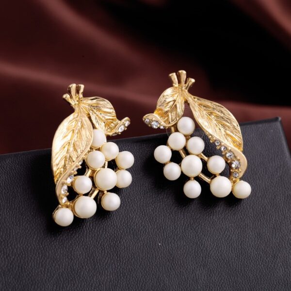 Stud Earrings Gold Color Leaf White Beads Women Earrings - Image 5
